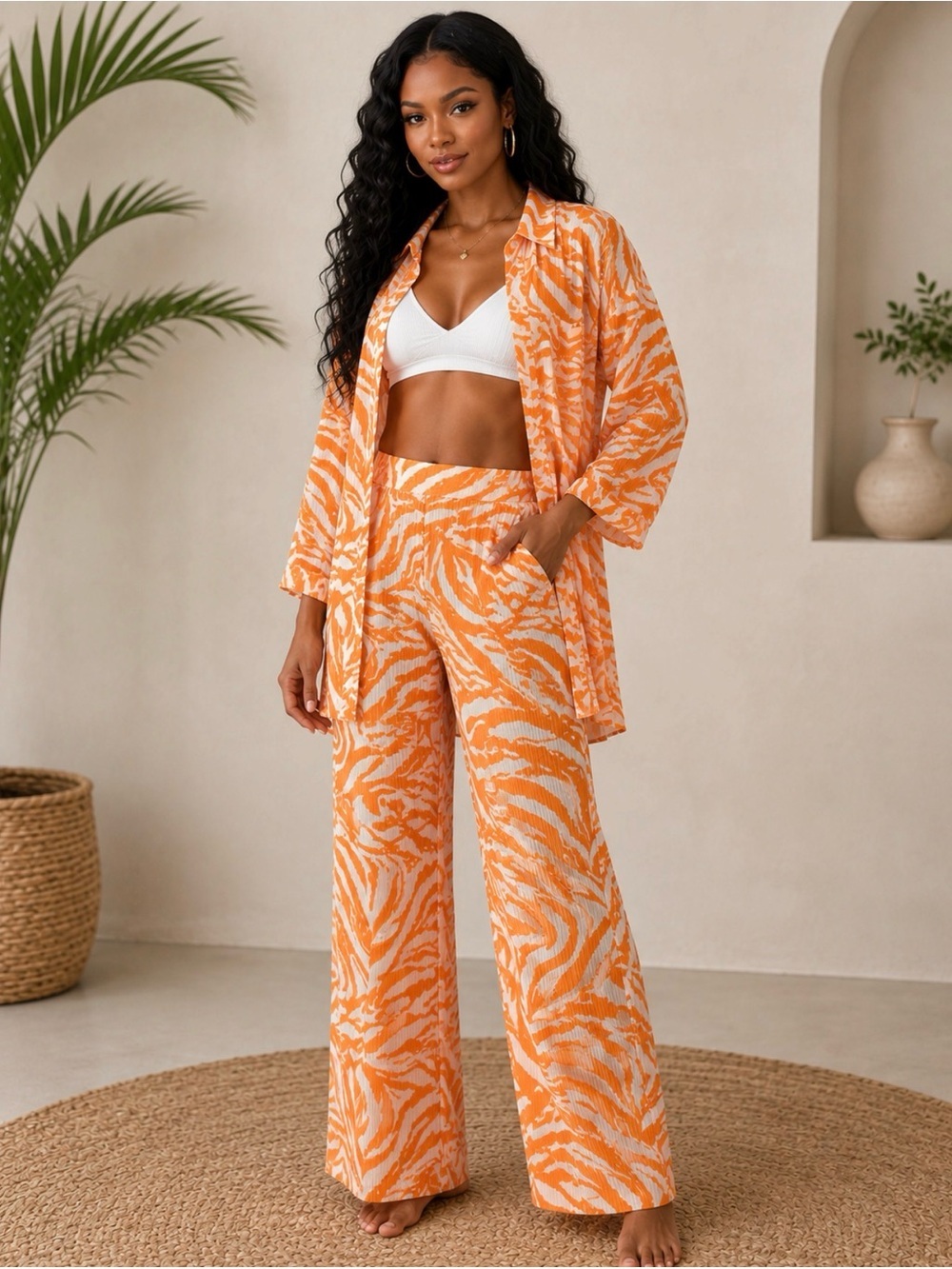 Women's Orange Zebra-Print Wide Leg Pant Set Size Small - Picture 1 of 4